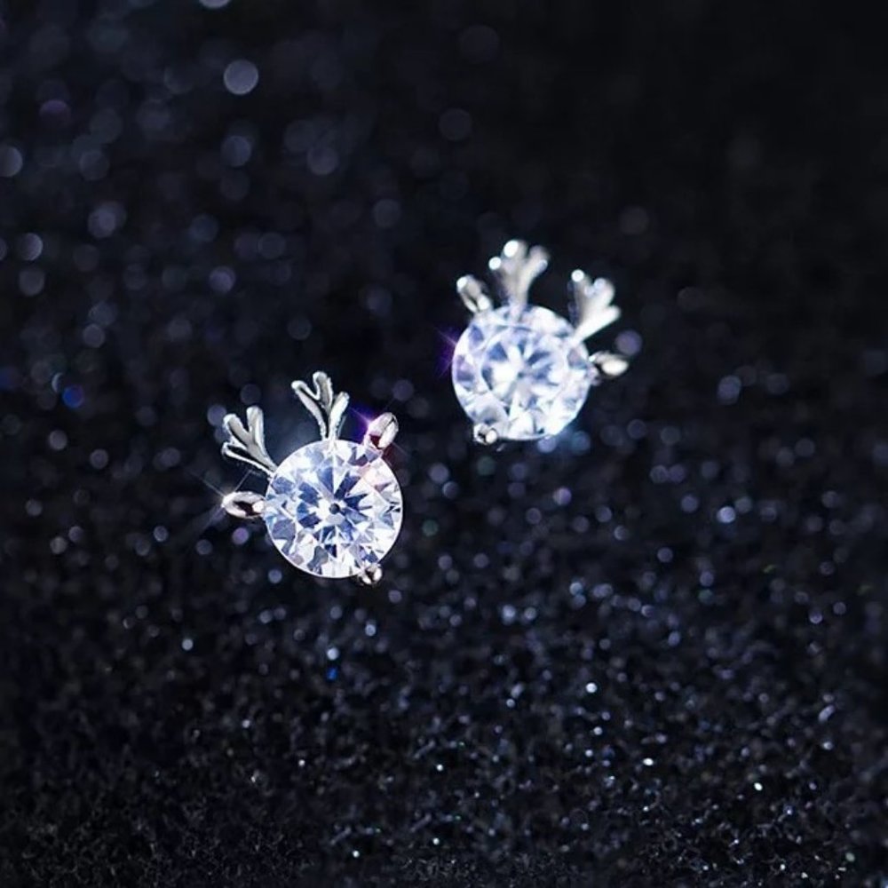 5mm Lab Diamonds Deer 14k Gold over Sterling Silver Earrings - Picture 2 of 8